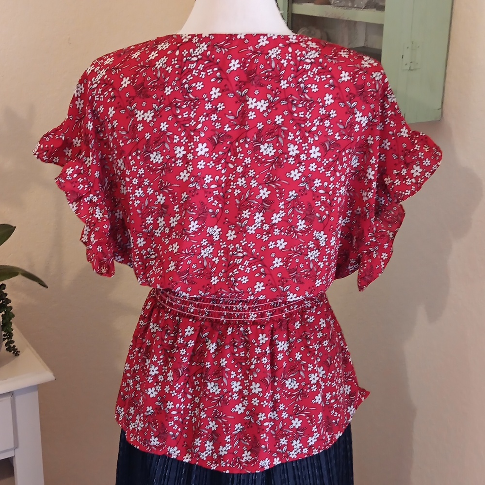 Max Studio Red Floral V-Neck Tie-Waist Blouse - Picture 9 of 15